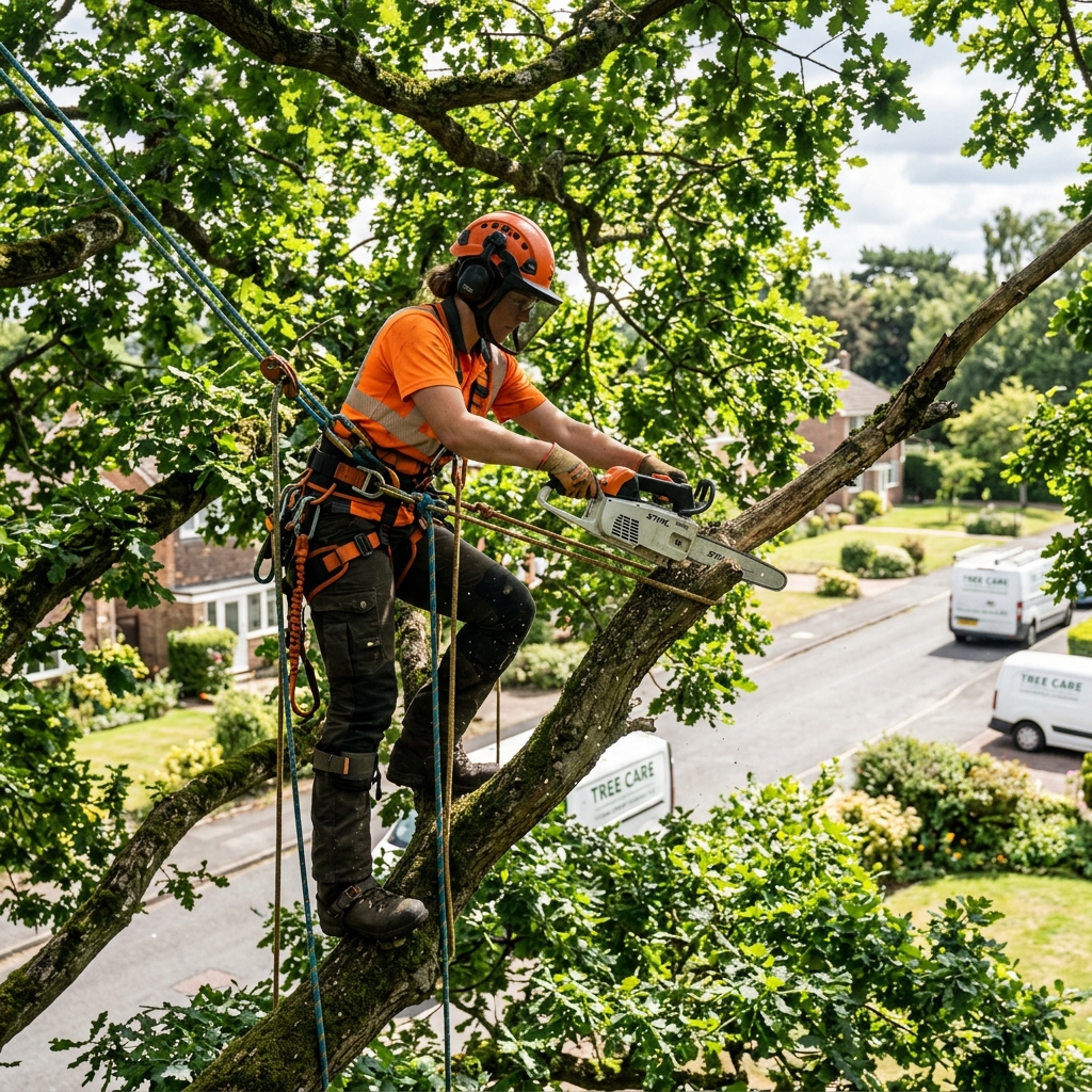 Arborist performing precision pruning high in a tree canopy